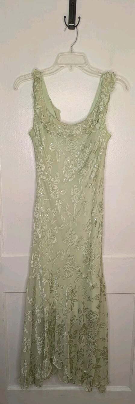 Alex Evenings Size 12 Silk Blend Green Floral Burnout Sequin Maxi Dress Gown